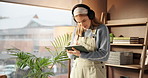 Woman, music and dance with tablet, drawing and headphones for education or project. Bedroom, thinking and Gen z student with tech, digital art and inspiration for graphic design or elearning podcast