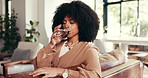Home, woman and drinking water for health, wellness and detox with nutrition. African person, glass and liquid for hydration, thirsty and benefits for diet with refreshing beverage in living room