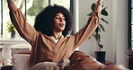 Relax, stretching and yawn with woman on sofa in living room of home for break or wellness. Chilling, rest and thinking with African person in apartment for daydreaming, ideas or weekend recovery