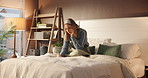 Relax, thinking and writing with woman in bedroom of home for agenda, calendar or schedule planning. Ideas, notebook and pen with person on bed in apartment for diary, journal or planner entry