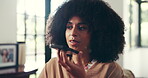 Phone call, woman and voice mail in home for communication, recording memo or audio message. African person, mobile and speaker for chat with AI assistant, conversation or contact for news in lounge