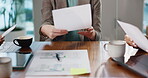 Documents, planning and teamwork with hands of business people for meeting, invoices sheet and research. Profit report, partnership and quarterly projection with employees in office for paperwork
