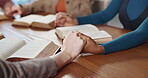 Bible study, people and prayer group holding hands for spiritual guidance, connection and belief. Christian community, faith and circle of friends in home with worship, support or praise God together