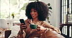 Coffee, reading and phone with woman on sofa for social media, blog post or communication app. Newsletter update, drinking tea and calm with person in loving room of home for network, search and chat