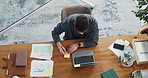 Above, laptop and business man writing for planning, sticky notes and finance report. Office, startup and person with paperwork, computer and statistics for budget, financial review and research
