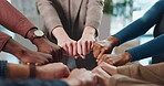 Fist bump, group and hands of business people in office for teamwork, collaboration and support. Community, startup company and workers in circle for solidarity, cooperation and partnership synergy