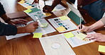 Documents, sticky note and team with hands of business people for meeting, invoice reminder and research. Profit report, partnership and writing with employees in office for paperwork and planning