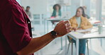 Hands, man and lecturer explain in classroom for lesson, college lecture and teaching students. Person, talking and learners listen for learning process, curriculum procedure and exam instructions
