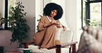 Busy, woman and writing in living room, home and journalist with notes for story, plan and creative. Remote work, reporter and person with notebook for project, inspiration and planner in house