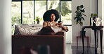 Relax, reading and phone with woman on sofa for social media, blog post and communication app. Newsletter update, connection and calm with person in loving room of home for network, search and chat