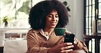 Coffee, smile and phone with woman on sofa for social media, blog post or communication app. Newsletter update, drinking tea and calm with person in living room of home for network, search and happy