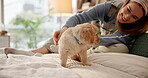 Love, woman and playing with puppy on bed for connection, bonding together or pet adoption. Relax, happy dog mom or stroke furry best friend in apartment for attention, security or domestic companion