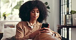 Relax, scroll and phone with woman on sofa for social media, blog post and communication app. Newsletter update, connection and calm with person in living room of home for network, search and chat