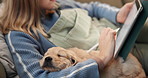 Woman, hands or dog sleeping with tablet for drawing, sketching or remote work in home. Closeup, female person or freelance designer with technology, pet labrador or puppy asleep for comfort in house