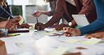 Documents, sticky note and planning with hands of business people for meeting, invoice reminder and research. Profit report, partnership and writing with employees in office for paperwork and team