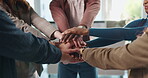 Hands together, teamwork and community with business people in office for mission, synergy or trust. Partnership, collaboration and inclusion with group of employees in agency for support and respect