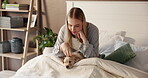 Home, girl and cuddle with puppy in bed for bonding together, connection and pet care. Security, happy dog mom and stroke furry best friend in bedroom for attention, affection and domestic companion