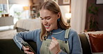 Happy woman, fist pump and good news with phone on sofa for winning, deal or notification in home. Excited, female person and smile with mobile smartphone for success, achievement or bonus in house
