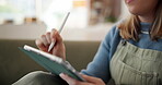 Hands, pen and tablet with woman student in dorm on campus for college or university assignment. Education, learning and writing with person in apartment for future, planning or school study