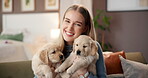 Face, woman and cuddle with puppies on sofa for bonding together, connection and pet adoption. Security, dog mom and embrace furry best friends in home for affection, attention and domestic companion