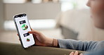 Person, hands and food menu with phone in home for online shopping, order or meal on sofa. Customer, shopper and scrolling with mobile smartphone on restaurant website for delivery or takeaway app