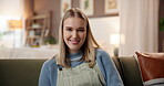 Face, smile and relax with woman at house for calm morning, peace and weekend break on sofa. Portrait, female person and happy with positive attitude, stress relief and time off on couch in lounge
