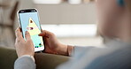 Hands, holiday destination and phone screen with person in living room of home for reservation. Search, scrolling and vacation booking with woman in apartment for tourism website or travel options