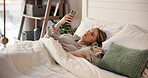 Puppy, relax and woman with phone in bedroom, texting and chilling with pet in home, online and web. Calm, person and resting with dog on bed, browsing and bonding with canine in house or mobile app