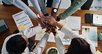 Hands together, success and documents with business people in office for planning, winner and goals. Partnership, collaboration and above with group of employees in agency for support and target