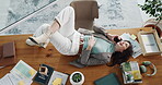 Above, phone call and relax with business woman in office for communication, talent agent and talking. Online scouting, networking and career branding with person or social media manager in agency