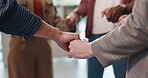 Business, people and holding hands with prayer in office for spiritual guidance, faith and belief. Christian workplace, group and employees in circle for religious worship, morning routine and praise