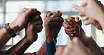 Business, people and holding hands with praying in office for spiritual guidance, faith or support. Christian workplace, belief and employees in group for religious worship, morning routine or praise