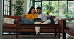 Couple, tablet and happy on sofa with talk, decision and search for holiday location on web at house. People, man and happy woman with tech, excited and discussion for vacation booking at home