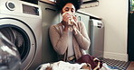 Packing, smell and cleaning with woman and washing machine for fabric, hygiene and linen. Laundry, housekeeping and aroma with person in washroom of home for cleaner, dryer and domestic chores