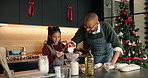 Dad, girl and flour with sifting at Christmas with cooking, teaching and ingredients for cookies in home. African people, father and daughter in kitchen, learning and sieve for baking at family xmas