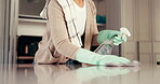 Home, hands and cleaning with chemical, gloves and spray for hygiene in kitchen, chores and cleaner. Wiping, counter and person with product for bacteria prevention, disinfection and liquid in house