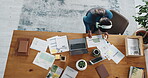 Above, music and documents with business woman in office for streaming, song charts and sound. Headphones, radio performance and audio subscription with person and laptop for record label research