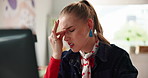 Pain, remote work and woman with migraine in home office, vertigo and tired with project on laptop. Freelancer, creative and sick person with headache, fatigue and tension with stress for overload