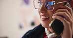 Phone call, creative and business woman in office with computer reflection for graphic design. Cellphone, happy worker and talk to client in startup for logo development, project feedback or website