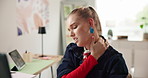 Woman, neck pain or injury at creative workplace for bad posture, inflammation or tension. Burnout, stiff or shoulder cramp with pressure, massage for relief or poor ergonomics at digital agency