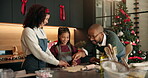 Kitchen, christmas or parents baking with child for festive dessert, helping hand and learning. Happy family, african people and preparation process in home for xmas biscuits, sweet treats or bonding