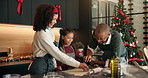 Home, christmas or parents baking with child for festive dessert, helping and high five. Happy family, african people and recipe preparation in kitchen for xmas biscuits, learning process and support