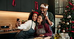 Christmas, kitchen and selfie of parents with child for baking with cookies, dessert or cake recipe. Family, home and photo of mom, dad and girl with peace sign for holiday, memory or xmas tradition