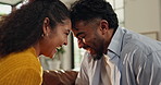 Forehead, laugh and couple in home for love, bonding and relationship in living room together. Dating, commitment and man with woman with sunlight for trust, affection and connection in apartment
