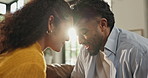 Forehead, happy and couple in home for love, bonding and relationship in living room together. Dating, commitment and man with woman with sunlight for trust, affection and connection in apartment