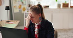 Pain, remote work and woman with headache in home office, vertigo and tired with project on laptop. Freelancer, creative and sick person with migraine, fatigue and tension with stress for overload