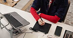 Graphic designer, hands or drawing tablet at desk for digital sketch, creative project or planning. Laptop, interactive stylus and woman with editing software for retouching, campaign layout or above