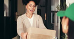 Happy woman, box and door with delivery for customer service, package or online order in home. Excited, female person or wave with smile or courier for parcel, shipment or drop off in house entrance