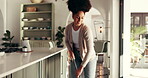 Dancing, woman and cleaning with mop, house or fun with hygiene in kitchen, chores and disinfection. Happy, African person and housework with equipment, rhythm and housekeeping in home or sanitary