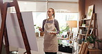 Thinking, painting and woman in art studio with easel for creative project, artwork and design. Painter, artist and person with paintbrush, ideas and canvas for hobby, drawing and sketch inspiration